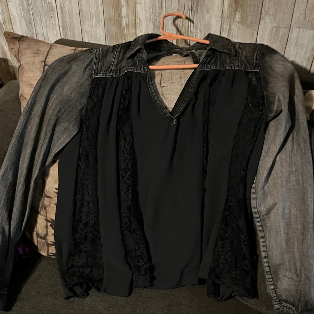 Stylish Denim & Sheer Black Lace Top